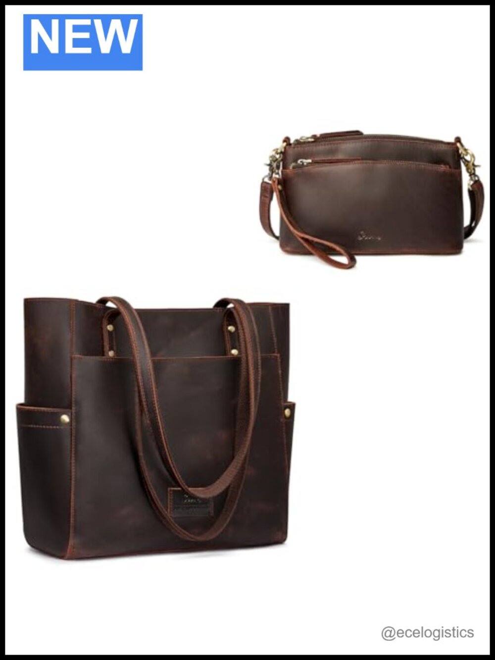 Genuine Leather Tote Bag Bundle with Crossbody Wristlet Purse for Women Travel